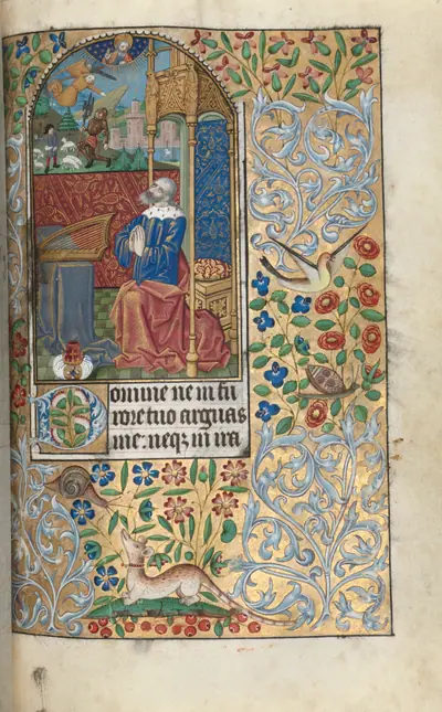 Book of Hours (Use of Rouen): fol. 80r, Opening Penitential Psalms, David Penitent, in the Distance David Slaying Goliath