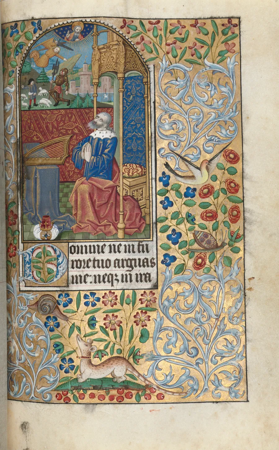 Book of Hours (Use of Rouen): fol. 80r, Opening Penitential Psalms, David Penitent, in the Distance David Slaying Goliath by Master of the Geneva Latini