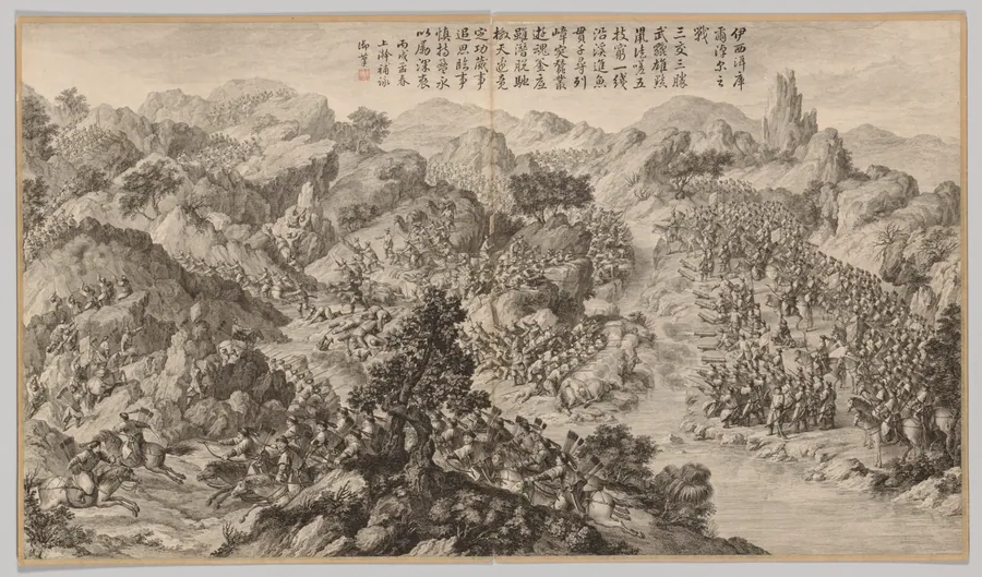 Battle at Yixi'er Ku'ernao'er: from Battle Scenes of the Quelling of Rebellions in the Western Regions, with Imperial Poems by Jean Damascene Sallusti
