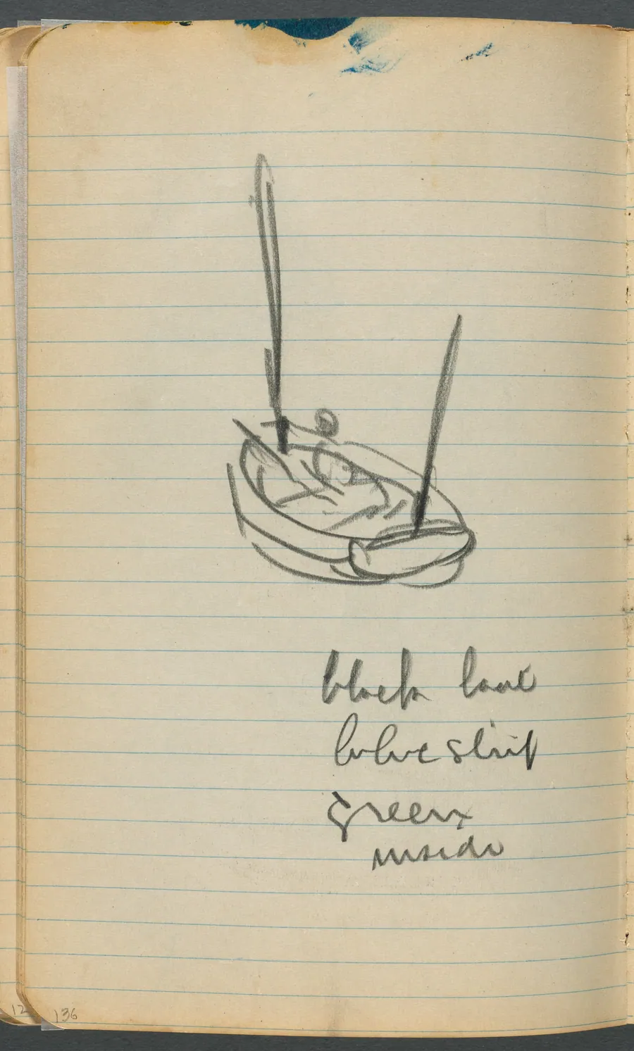 Sketchbook, page 136: Sailboat with notes by Maurice Prendergast