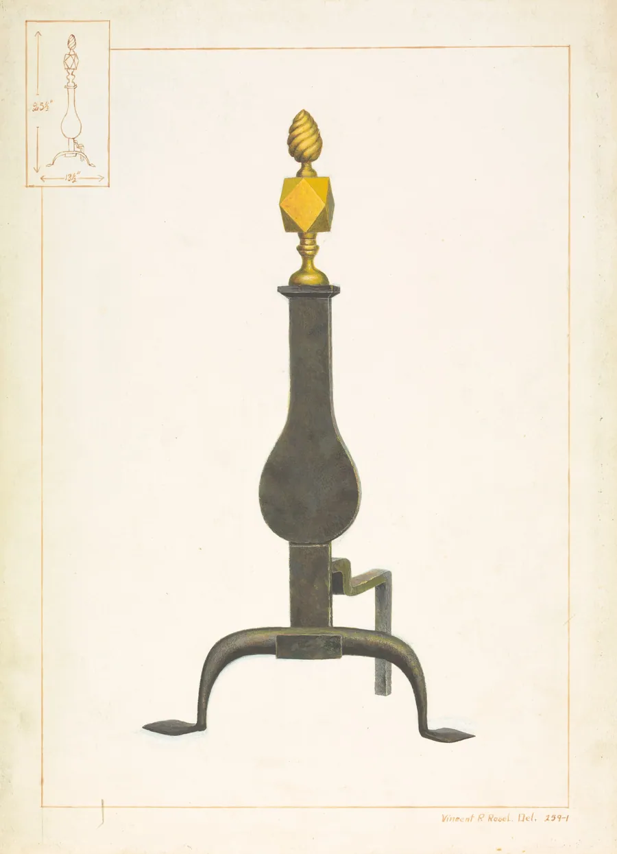 Cast Iron and Brass Andiron by Vincent P. Rosel