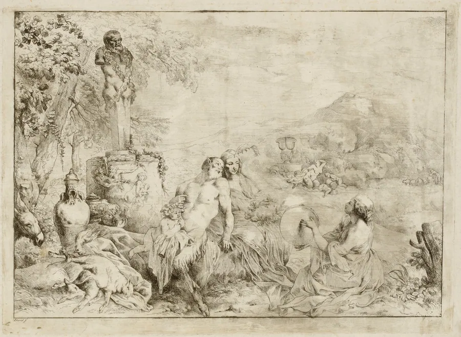 Landscape with a Satyr Family and Classical Sculpture by Giovanni David