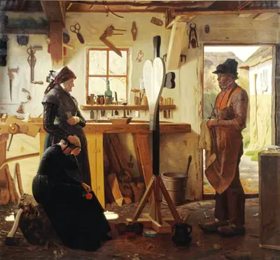 To kvinder besøger landsbykunstneren for at se det bestilte gravkors