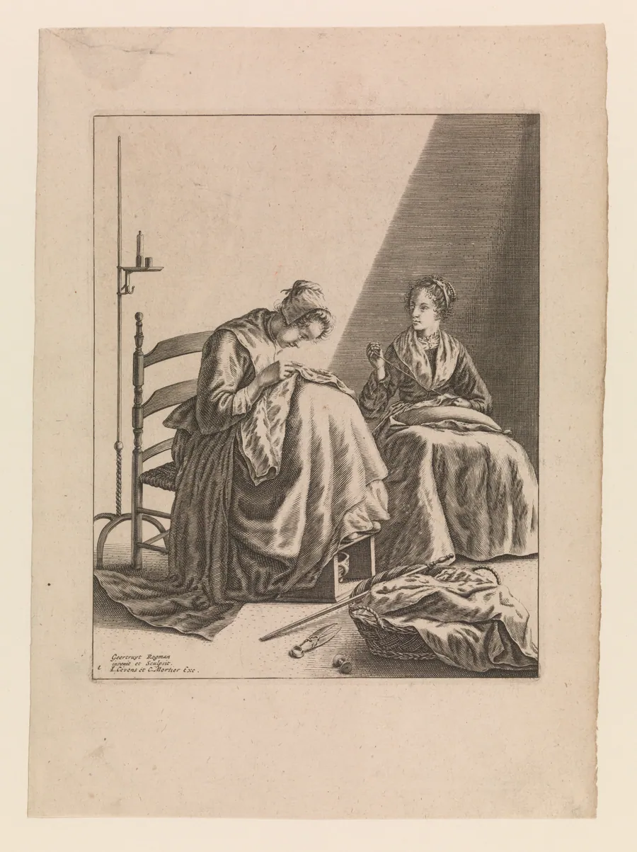 Two Women Sewing, Plate 1 from "Five Feminine Occupations" by Geertruydt Roghman