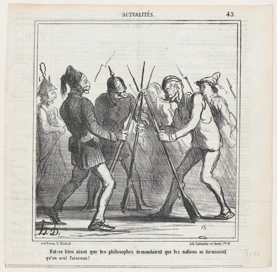 Is this really what the philosophers were thinking of when they asked that the nations should form a mutual bundle?, from 'News of the day,' published in Le Charivari, March 22, 1867 by Honoré Daumier