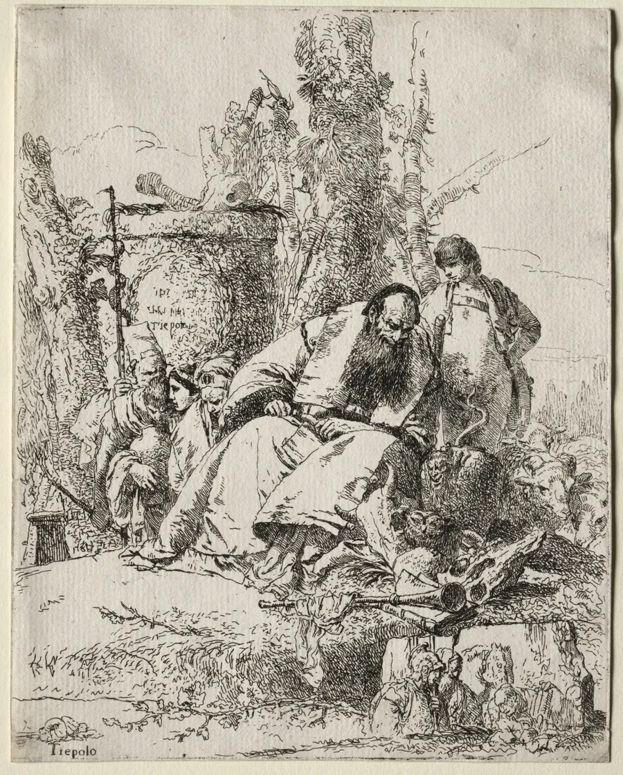 Scherzi di Fantasia:  seated Magician, boy and four figures by Giovanni Battista Tiepolo