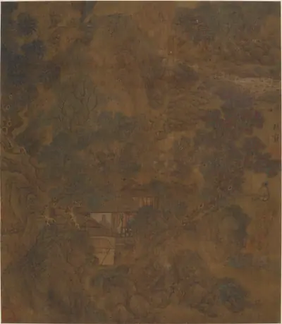 Landscape: houses and a brook in a mountain gorge