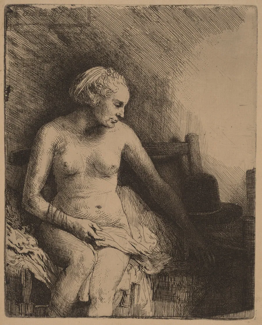Woman at the Bath with a Hat beside Her by Rembrandt van Rijn