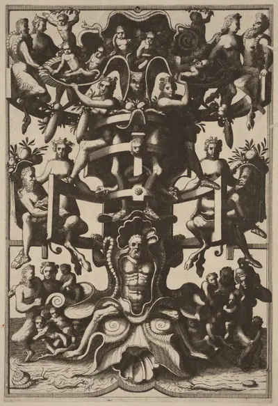 Man Sitting on an Auricular Mask, Supporting a Strapwork Frame on his Shoulders