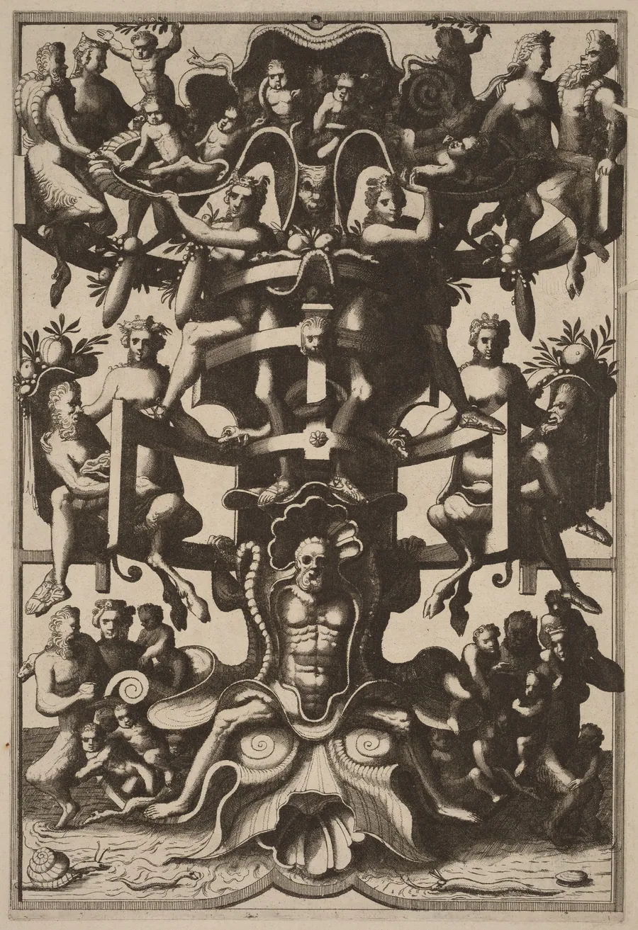 Man Sitting on an Auricular Mask, Supporting a Strapwork Frame on his Shoulders by Johannes van Doetechum the Elder