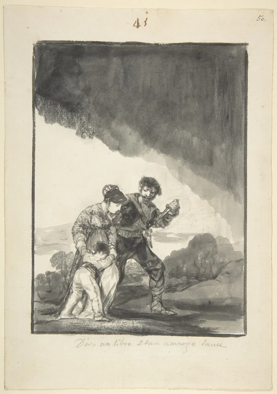 'God save us from such a bitter fate'; a bandit threatening a woman and a child with a knife: page 41 from the Black Border Album (E) by Goya (Francisco de Goya y Lucientes)