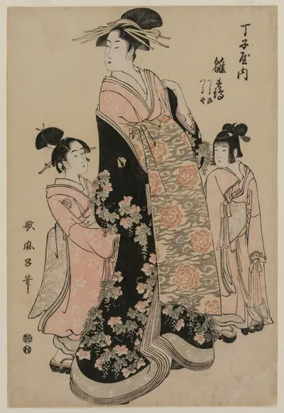 The Courtesan Hinazuru of Chojiya with her Attendants Tsuruji and Tsuruno