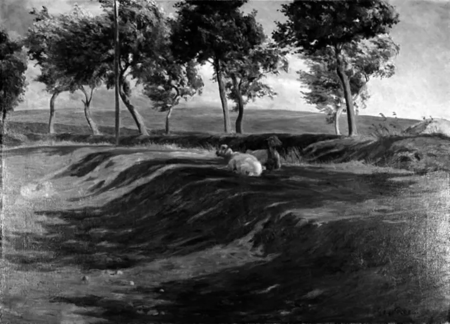 Ved vejen, blæst. Landskab med to får ved en vej by Gotfred Rode
