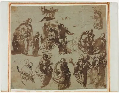 Various Sketches of the Madonna and Child (recto); Architectural Studies (verso) [partially visible on recto]
