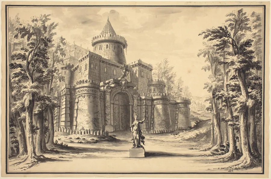 A Stage Set with a Statue and a Palace by Daniel Marot the Younger