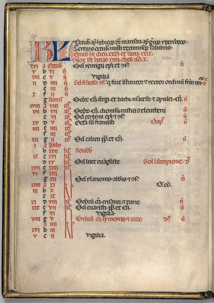 Missale: Fol. 7v: October Calendar Page by Giapeco Caporali