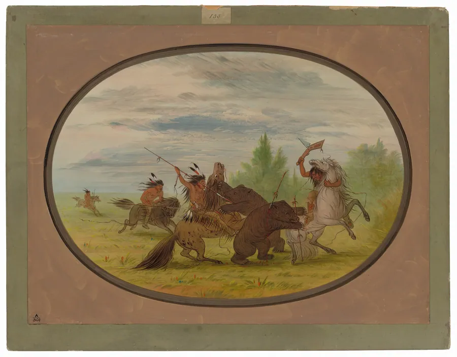 K'nisteneux Indians Attacking Two Grizzly Bears by George Catlin