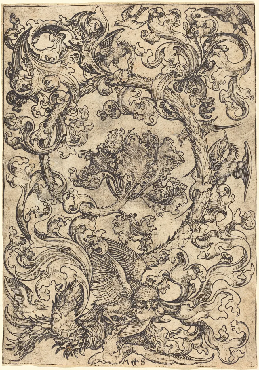 Ornament with Owl Mocked by Day Birds by Martin Schongauer
