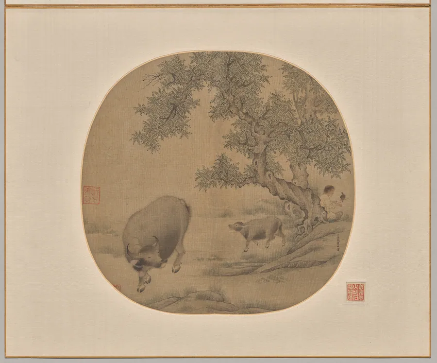 Man, Buffalo, and Calf by Li You