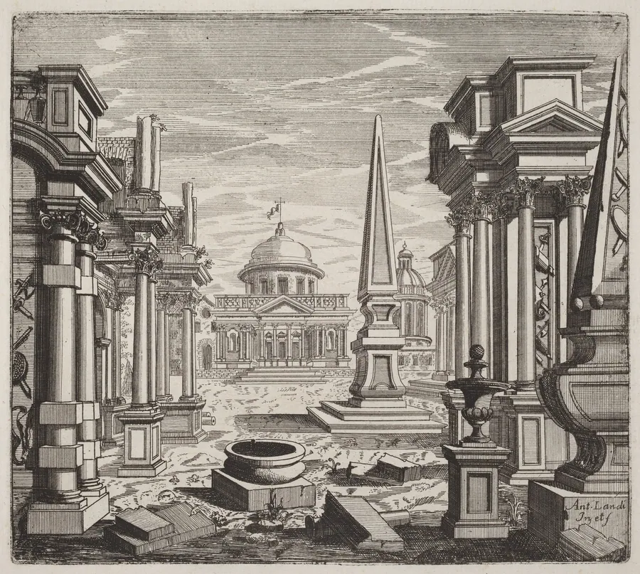 Architectural Fantasy with Obelisks, Ruins, and a Piazza by Giuseppe Antonio Landi
