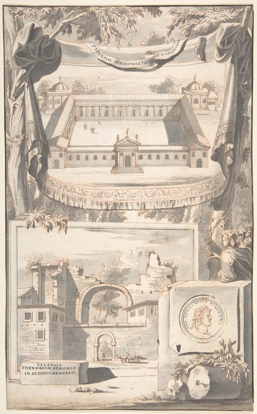A Reconstruction of the Thermae of Nero (above) and a View of the Ruins (below) by Jan Goeree