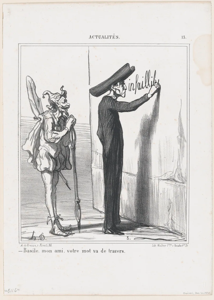 Basile, my friend, your word is going to be askew, from 'News of the day,' published in Le Charivari, January 20, 1870 by Walter Frères