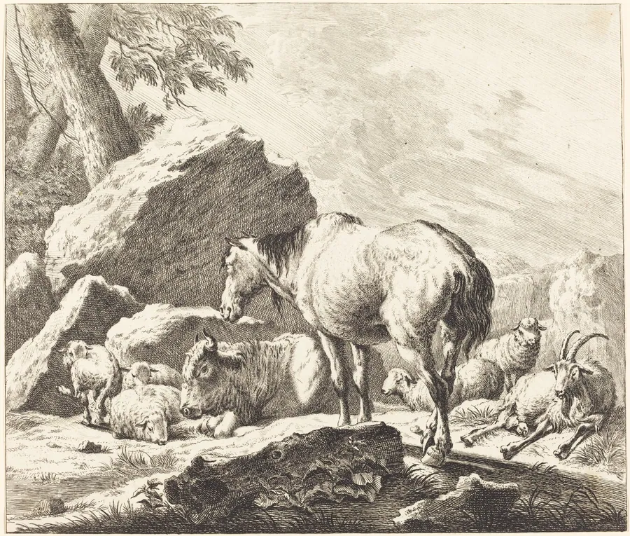 A Horse, Buffalo, Sheep, and Goat in an Italian Landscape by Johann Elias Ridinger