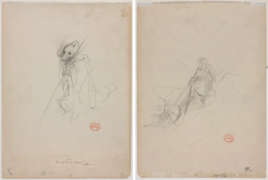 Sketch for "The Wolf Turned Shepherd" (recto) Sketch of Hunting Scene (verso) by Gustave Doré