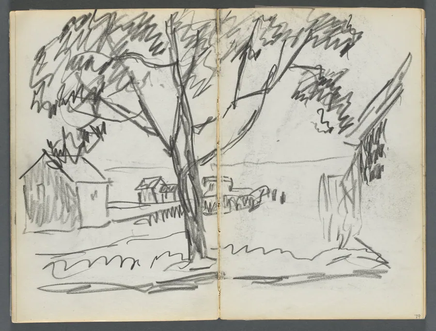 Sketchbook, The Dells, N° 127, page 078 & 79: Landscape with Houses by Maurice Prendergast