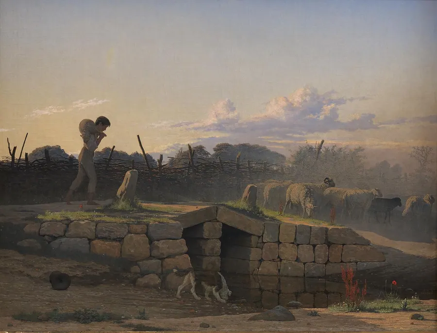 En hyrdedreng, der driver en flok får by J.V. Gertner