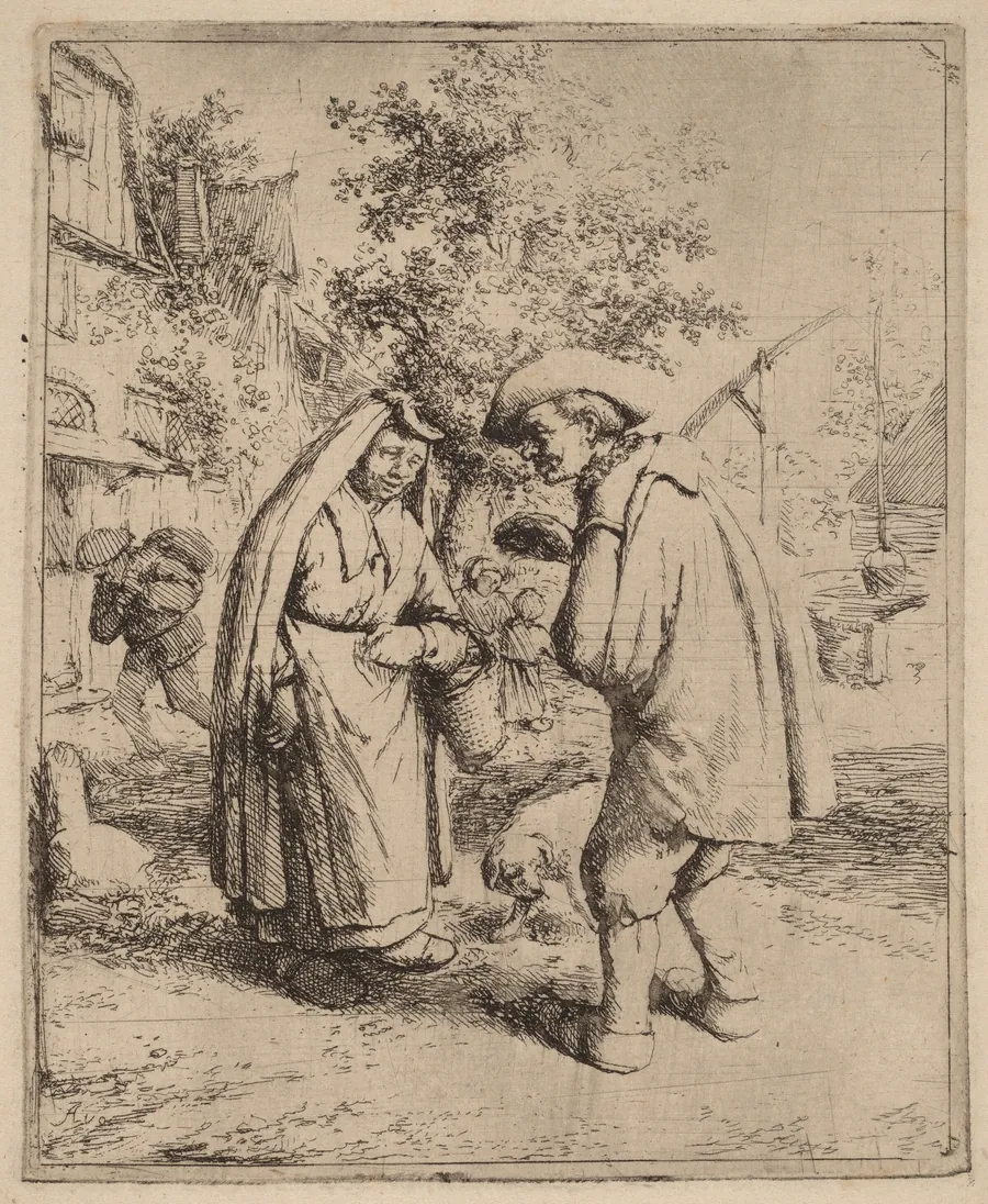 Man and Woman Conversing on a Busy Village Street by Adriaen van Ostade