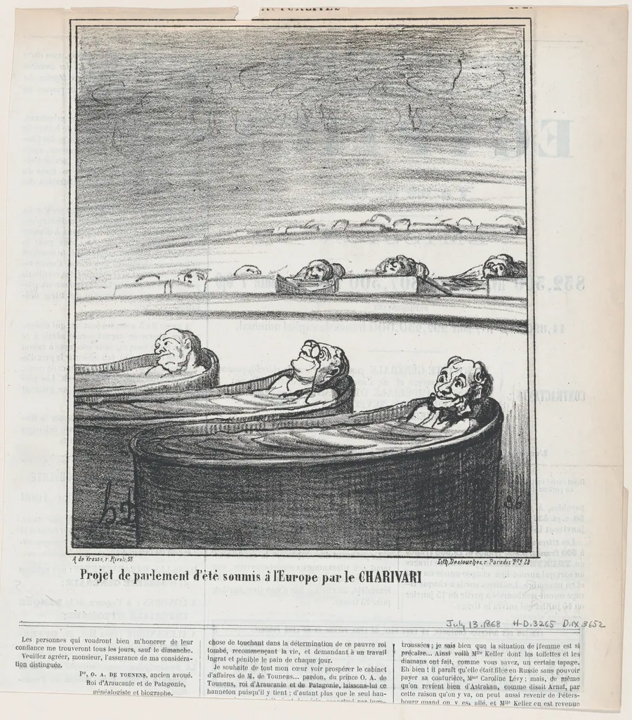 Idea for summer parliament submitted to Europe by the Charivari, from 'News of the day,' published in Le Charivari, July 13, 1868 by Honoré Daumier