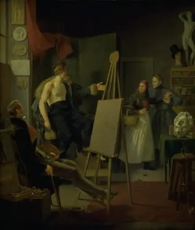 En amagerpige som vil sælge frugt i en malers atelier