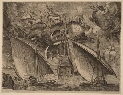 Two Galleys behind an Armed Three-Master with Phaethon and Jupiter in the Sky