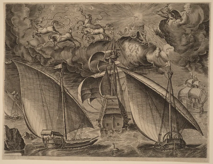 Two Galleys behind an Armed Three-Master with Phaethon and Jupiter in the Sky by Cornelis Cort