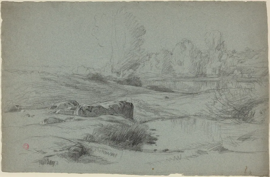 A Rocky Meadow by a River by Jean Achille Benouville