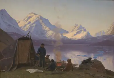 En grønlandsk boplads ved en fjord. Sommer