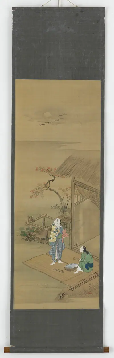 Two peasant girls beating cloth outside a house