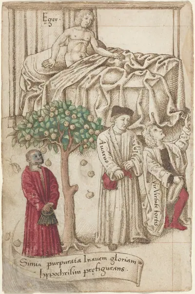 An Ape in Purple with a Sick Man, a Good Man, and a Miser [fol. 36 verso]