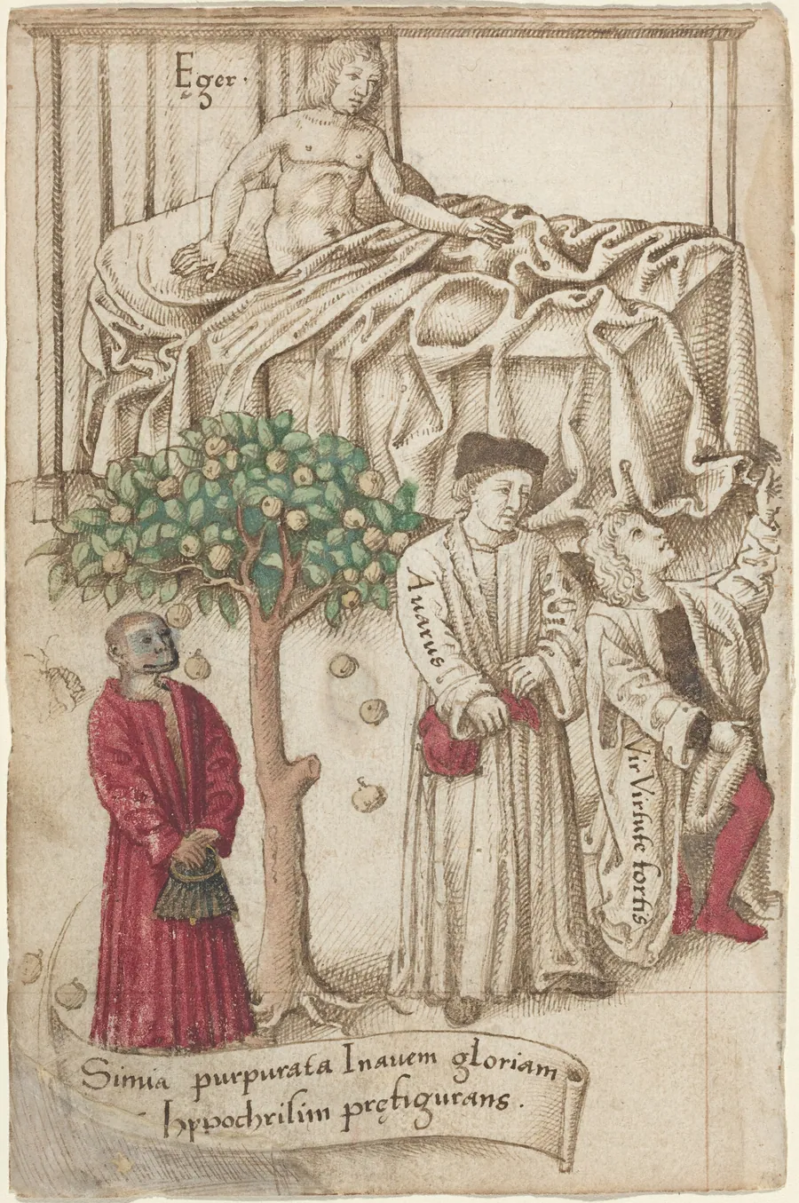 An Ape in Purple with a Sick Man, a Good Man, and a Miser [fol. 36 verso] by French early 16th Century