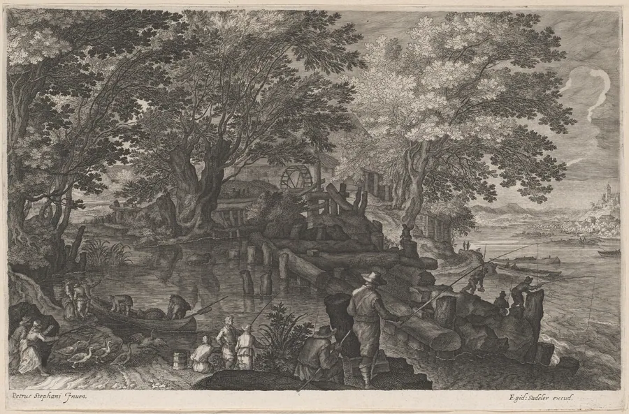 Fishermen by an Island Watermill by Aegidius Sadeler II