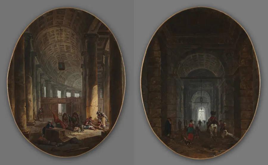 Pair of Paintings: The Colonnade of St. Peter's, Rome, during the Conclave and The Grotto of Posillipo by Hubert Robert