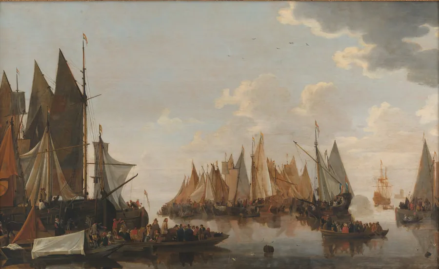 Troppeindskibning på en hollandsk flod by Hendrick de Meijer