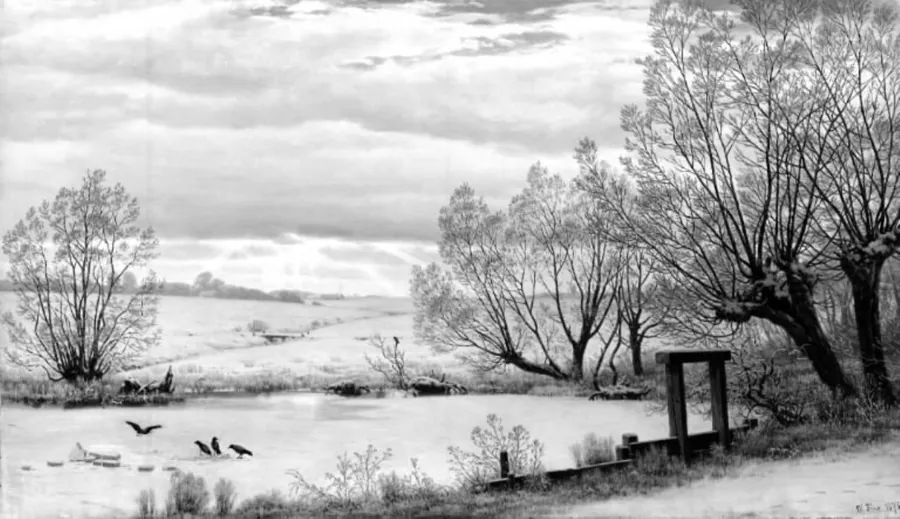 Ved en mølledam. Vinter by Hans Friis