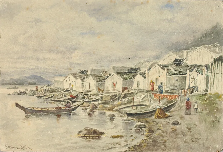 The Ranch Native Village, Sitka, 1884 by Theodore J. Richardson, born Readfield, ME 1855-died Minneapolis, MN 1914