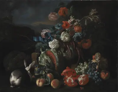 Stenfundament med blomster og frugt