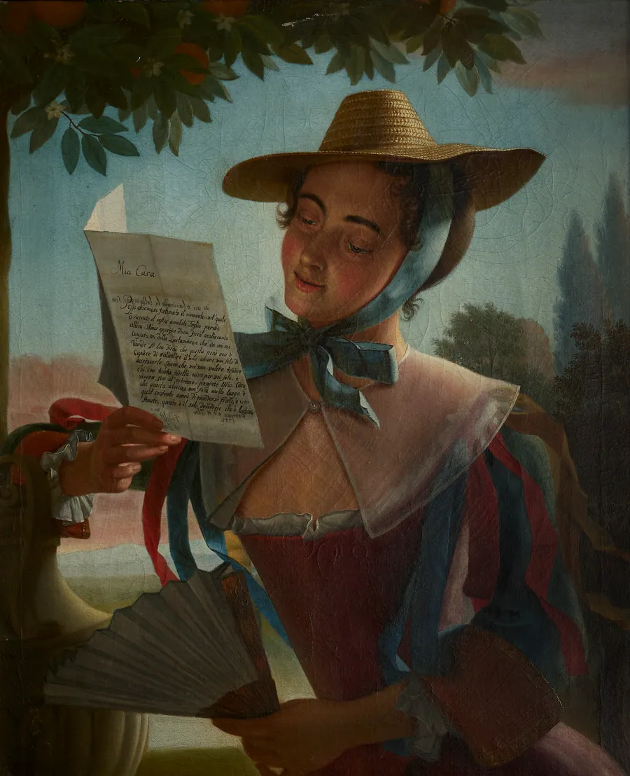 Dame i sommerdragt og med stråhat, læsende et brev by Andreas Møller