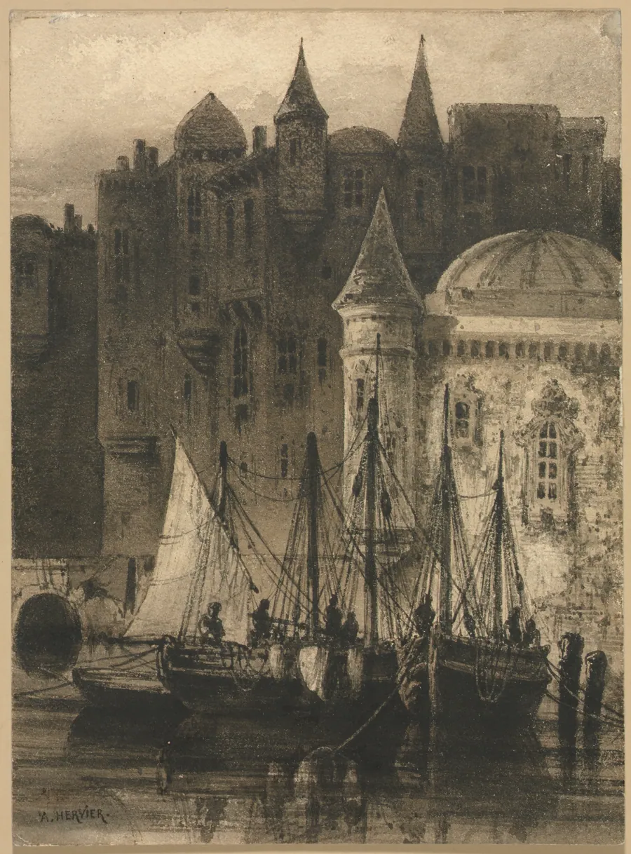 Harbor Scene with Boats and Castle by Auguste Hervier