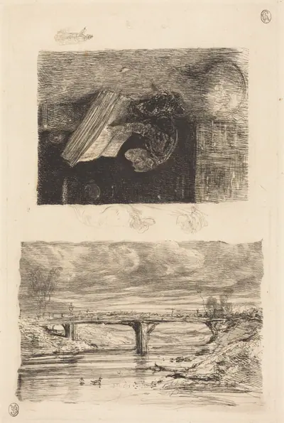 River Landscape with a Bridge; Monkey Paging through a Book