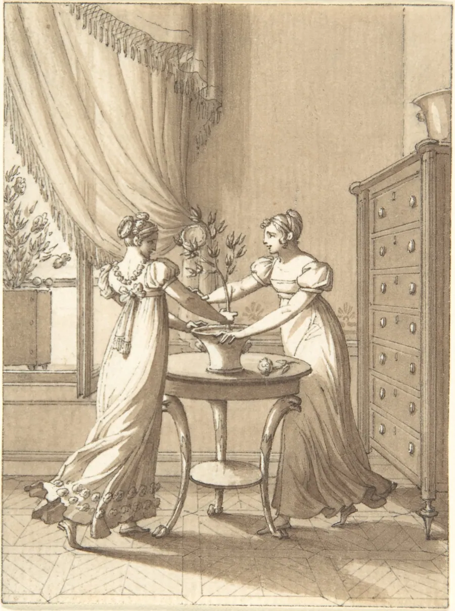 Design for a Book Illustration: Two Women Dancing around a Plant by Anonymous, German, 19th century